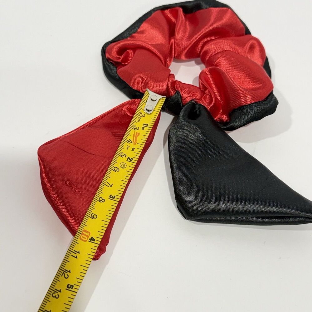 Handmade Red Black Satin Scrunchie Scarf Bow Hair Tie Ponytail Holder - Picture 6 of 11